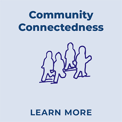 Dark blue text that reads 'Community Connectedness' on a light lavender backround, with four silouettte outlines of people below, in dark blue. Three of them are drawn walking to the left, and the fourth is walking to the right. They are clustered in the middle, and look like they are walking with purpose. Below the silouettes is text that reads Learn More in dark blue.