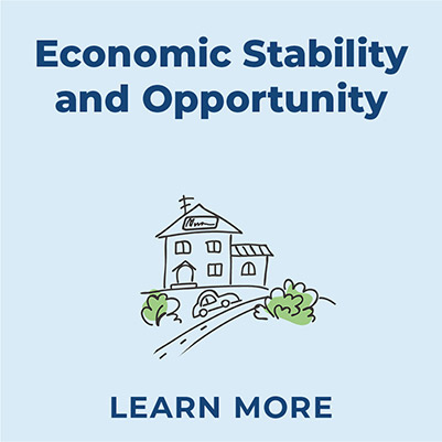 Dark blue text that reads 'Economic Stability and Opportunity' on a light blue background, with a line drawing of a two-story building outlined in blue. There is a TV-antenna on the top of the building and a sign over the main entrance with a squiggly line hinting that the sign has words on it. There is a road going up the hill to the past the building, with a car driving to the right.  There are outlines of bushes and shrubbery with green patches of color over them. Below the  building is text that reads Learn More in dark blue.