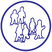 Outline of a dark purple circle with white background, inside is a drawing of the silhouettes of six people clustered together.  This icon symbolizes the Community Level of the Social Ecological Model, explained elsewhere on the site.