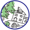 Outline of a dark purple circle with white background, inside is a drawing of a building with a car driving in front of it and green pine trees in the background. This icon symbolizes the Societal Level of the Social Ecological Model, explained elsewhere on the site.