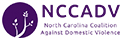 Image of the logo for the North Carolina Coalition Against Domestic Violence. On the left is a dark purple circle with a white branch and leaves growing across it to the right. Next to the circle is dark purple text that reads 'NCCADV' and spells out the full name of the organization below it.