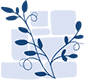 Part of the PVNC logo which shows a dark blue sprig of honeysuckle vine growing in front of a partially-constructed brick wall that is a soothing light-blue.