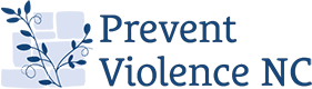 Image of Prevent Violence North Carolina logo. The logo shows a dark blue sprig of honeysuckle vine growing in front of a partially-constructed brick wall that is a soothing light-blue. The text Prevent Violence NC is displayed to the right of the image in the same dark blue color as the vine.